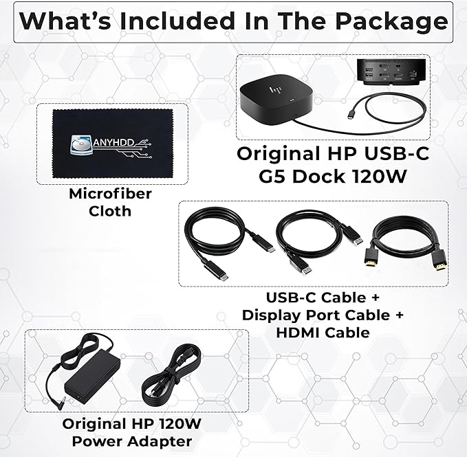 HP Docking Station for Laptop Dual Monitor and Charging Bundle - USB-C G5 Dock 5YH27AV#ABA with 120W Adapter + HDMI Cable + DisplayPort Cable + USB-C Cable + Microfiber Cloth (Renewed)