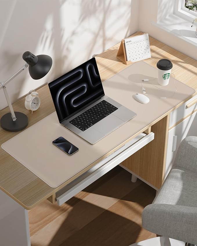 Extra Large Desk Pad Mat - Waterproof Mouse Pad & Desk Protector, Non-Slip XXL PU Leather Gaming Mat for Keyboard/Mouse, Stitched Edge with Ergonomic Support, 55"x17" (Beige)