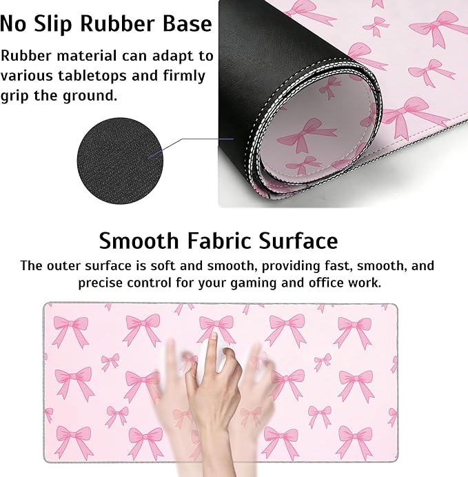 Pink Bow Mouse Pad,35.4 x 15.7 Inch Large Mouse Mat Non-Slip Rubber Stitched Edges for Writing Desk,Office,Home,Laptop