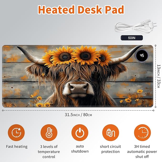 Heated Mouse Pad,Warm Desk Pad with 3 Levels Heating & 3 Hours Auto Shut-Off, PU Leather Heated Desk Pad Warmer Pad for Home Office - 31.5 x 13 inch,Highland Cow Wood Grain
