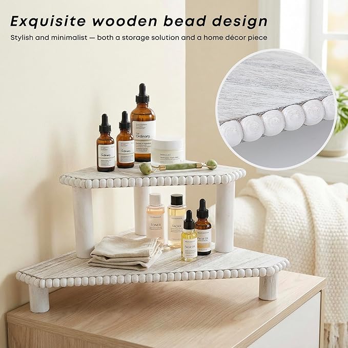 2-Tier Rustic Corner Shelf for Kitchen Counter,Wood Beaded Farmhouse Countertop Organizer with Removable Feet, Stackable Bathroom Vanity & Coffee Bar Decorative Riser Stand(Rustic White)
