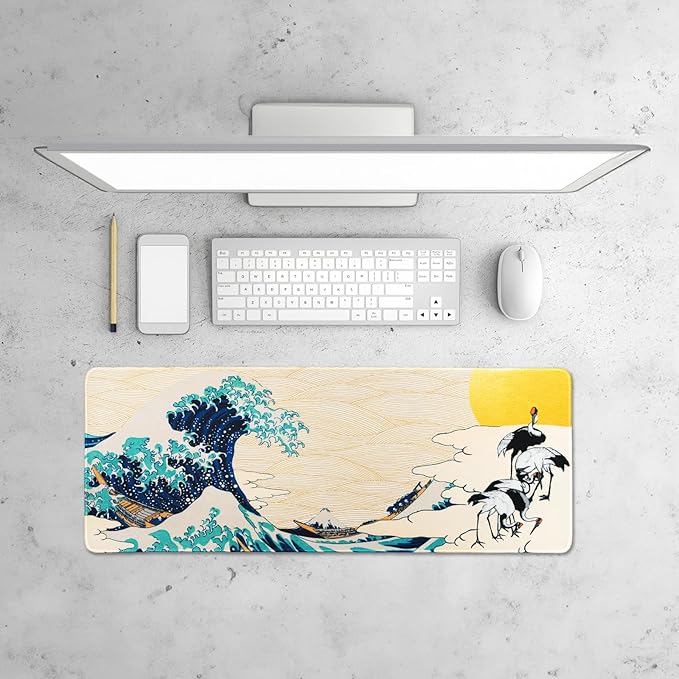 BELLEMOND Japanese Art Desk Mat | Large 31.5x11.8in Anime Mouse Pad for Keyboard & Mouse | Non-Slip Base, Water-Repellent | Original Japanese Design | Waves of Harmony