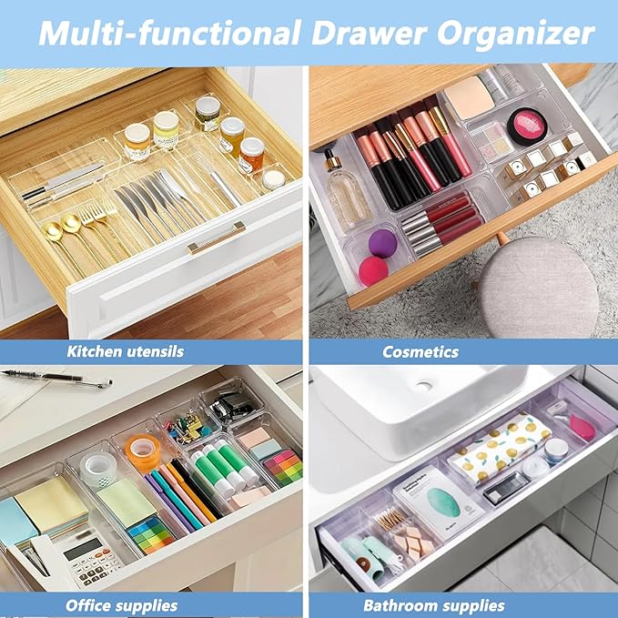 15 PCS Clear Drawer Organizer Set, 4 Sizes Desk Drawer Storage Bins, Divider Trays for Makeup, Vanity, Bathroom, Kitchen, Office
