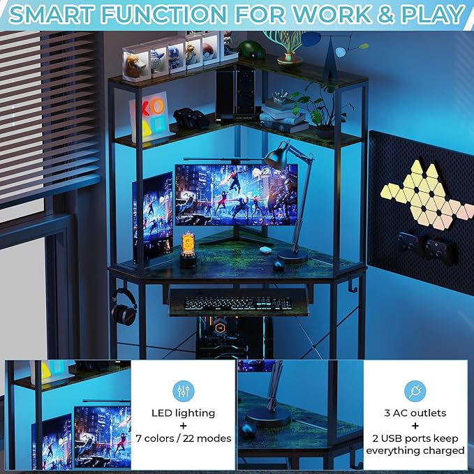 Corner Desk with Hutch and LED Lights, Corner Computer Desk with Keyboard Tray and Monitor Stand, Small Computer Desk for Small Spaces, Home Office（Rustic Brown）
