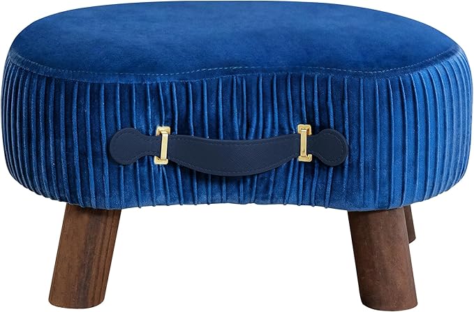 LUE BONA Small Curved Foot Stool with Handle, Navy Blue Velvet Footstool and Ottomans, Modern Foot Rest with Wooden Legs, Step Stool with Padded Seat for Couch, Living Room