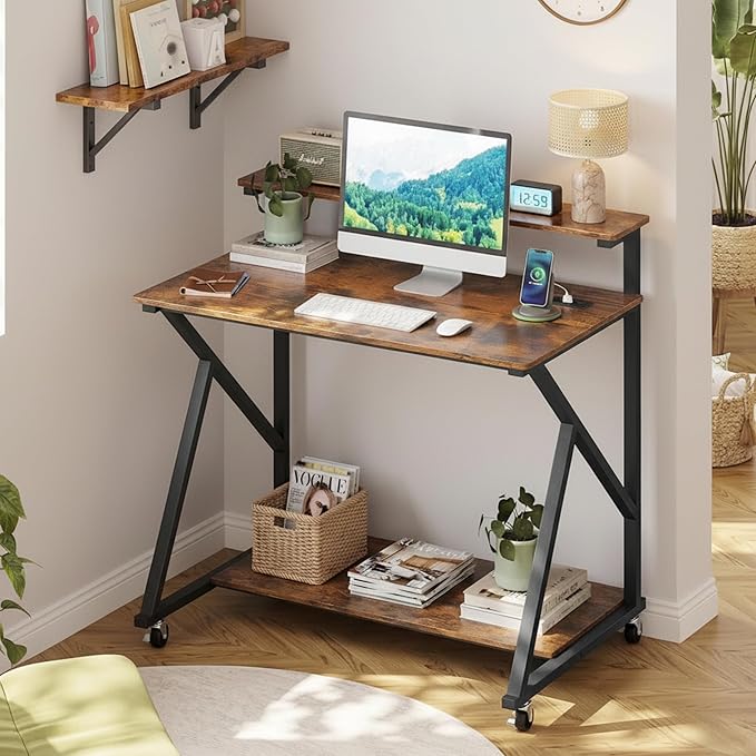 Tangkula Rolling Computer Desk Cart with Power Outlets, 32" Mobile Portable Laptop PC Desk with Monitor Stand, CPU Stand & Storage Shelf, Compact Small Desk on Wheels for Small Space (Rustic Brown)