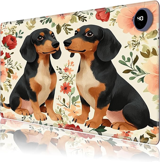 Heated Mouse Pad,Warm Desk Pad with 3 Levels Heating & 3 Hours Auto Shut-Off, PU Leather Heated Desk Pad Warmer Pad for Home Office - 23.6 x 14.2 inch,Dachshund Dog Flowers