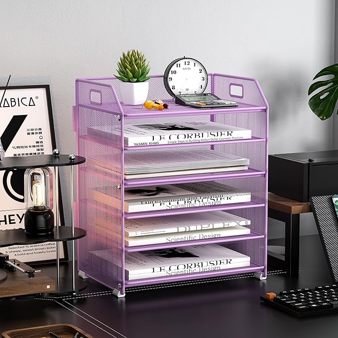 6 Trays Paper Organizer Letter Tray with Pull-Out Drawer, Assembled Mesh Desk File Holder, Metal Paper Sorter for Office Documents, Purple