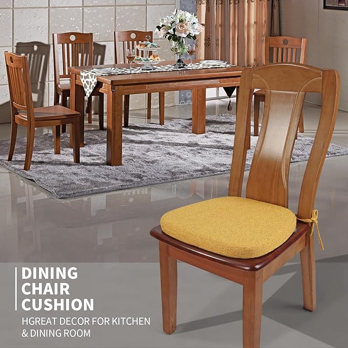 SINOSSO 6 Pack Memory Foam Chair Cushions for Dining Chairs, Friendly Woven Fabric 16" U-Shape Comfortable Kitchen Chair Pads, Removable Slip Resistant Seat Cushions (Set of 6, Yellow)