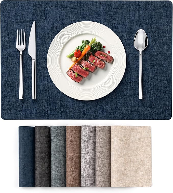Vinyl Placemats Set of 4 - Faux Leather 100% Waterproof Oil-Proof Wipeable PU Place Mats, Heat Resistant Reversible Table Mats for Kitchen, Dining, Outdoor (Navy Blue)