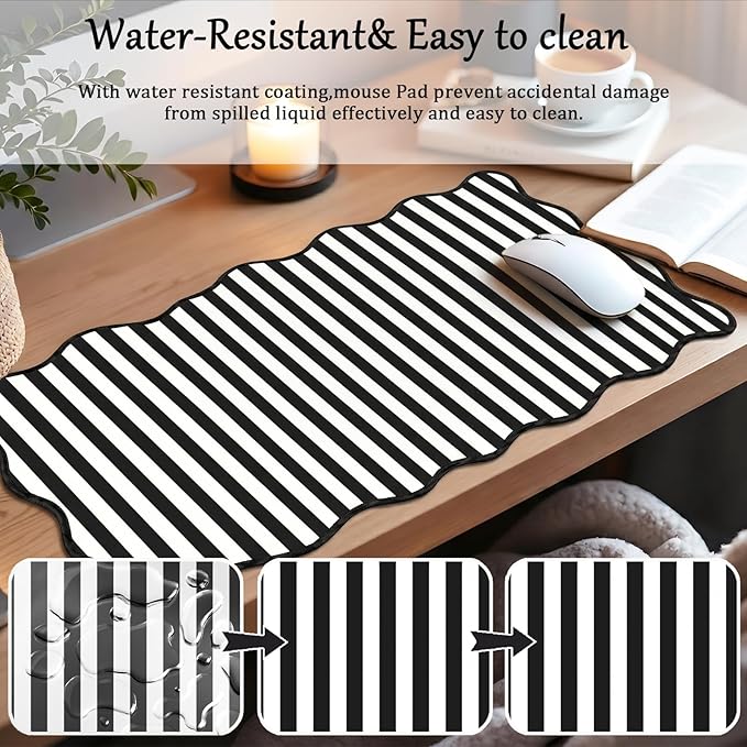 Scalloped Desk Mat Extended Large Cute Striped Mouse Pad Big Desk Pad XXL Aesthetic Stripe Mousepad Gaming Mouse Pad for Keyboard Computer Laptop Home Office Accessories 35.4X15.7Inches Black White