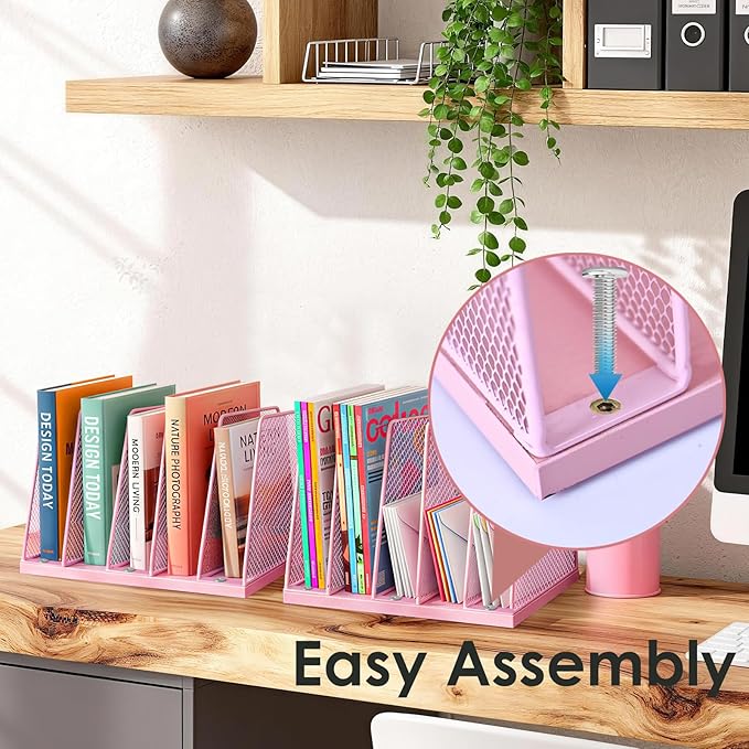AUPSEN 5-Section File Organizer for Desk, Wood Mesh Desktop File Organizer, File Sorter Storage Rack, Vertical Folder Holder for Files, Magazines, Books (Pink)