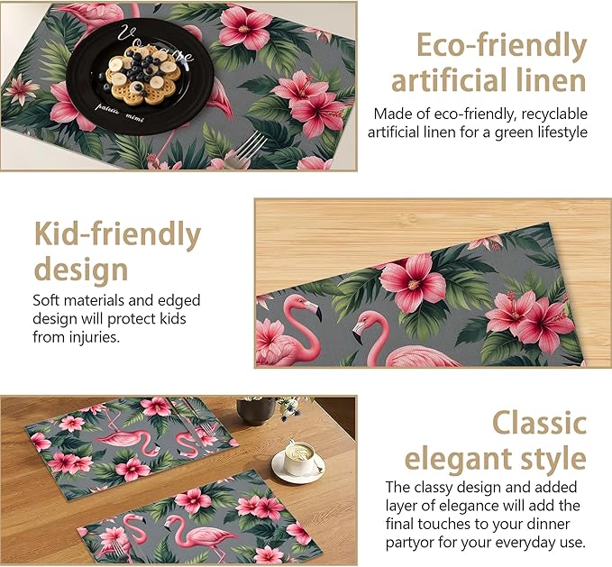 Tropical Pink Flamingo Placemats Set of 6 Linen Table Mats, 12x18 Inch Washable Placemats for Dining Table, Non Slip Heat Resistant Mats for Kitchen Home Decor