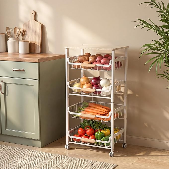 JAQ Vegetable Storage Cart with Wheels, 5-Tier Rolling Cart with Slide-Out Baskets for Onion Potato Storage, Metal Produce Rack Organizer with Wooden Top & Handle for Kitchen Pantry, White