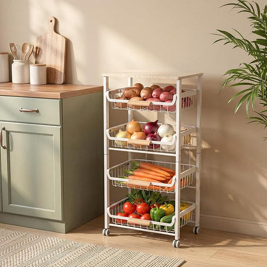 JAQ Vegetable Storage Cart with Wheels, 5-Tier Rolling Cart with Slide-Out Baskets for Onion Potato Storage, Metal Produce Rack Organizer with Wooden Top & Handle for Kitchen Pantry, White