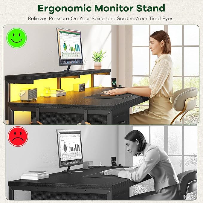 DurayLoly 47.2" Gaming Desk with Power Outlet and LED Lights,Computer Desk with Adjustable Monitor Stand and Drawer,Office Desk with CPU Stand for Home Work,Study and Gaming, Small Spaces,Black