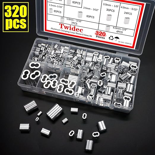 Twidec/320PCS 8 Sizes Aluminum Crimping Loop Sleeve M1.2-M6(3/64''-1/4'') Wire Rope Sleeve Cable Crimp Ferrules for Wire Rope and Cable Assortment Kit N-043-320PCS