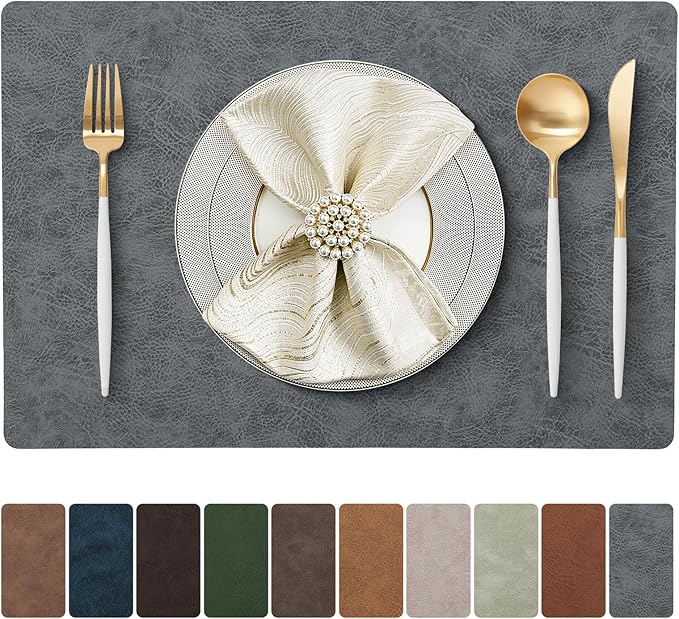 Placemats Set of 4 Reversible Dual-Color Table Placemats, Faux Leather 100% Waterproof Oil-Proof Wipeable Place Mats, Heat Resistant Dual Sided Table Mats for Kitchen/Dining/Party (Gray