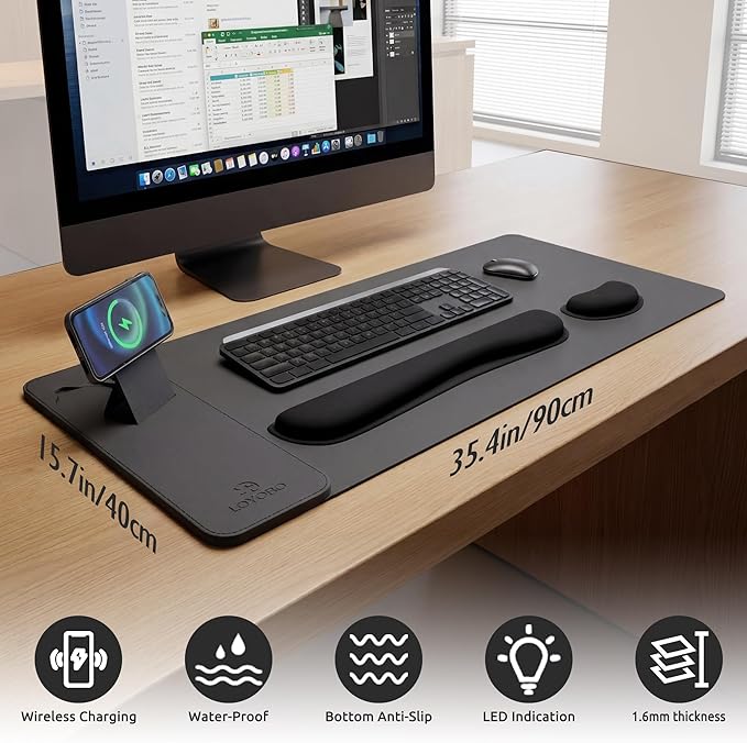 15W Magnetic Wireless Charging Desk Pad with Ergonomic Tilt Phone Stand, 35×15in XXL Foldable PU Leather Mouse Pad with Keyboard & Mouse Memory Foam Wrist Rest for Gaming Office Home Minimalist Desk