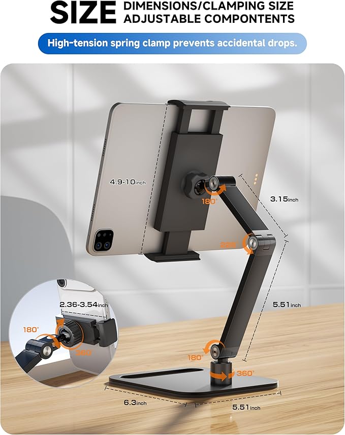 Portable Monitor Stand Holder for 15.6'',17.3'', Tablet Stand Holder for iPad, Aluminum Alloy Foldable Arm Mount with 360° Swivel Desk Mount Compatible with 4.7-17.3inch Tablet (Black)