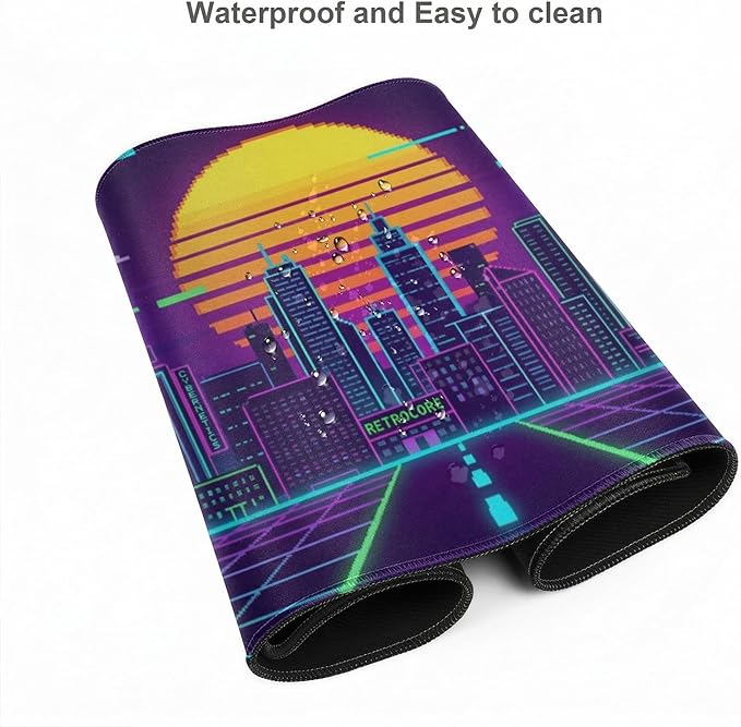 48x24in Retro Synthwave Mouse Pad, Neon City Extended Desk Mat, Non-Slip Waterproof Gaming Mousepad for Home Office & Gaming