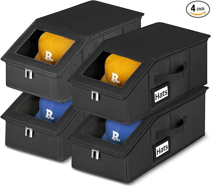 Dofilachy 4 Pack Stackable Hat Storage for Baseball Caps, Holds 56 Caps - Closet Organizer Box with Clear Window & Cardboard，Sturdy Snapback Hat Boxes for Home Storage (dark, 4)