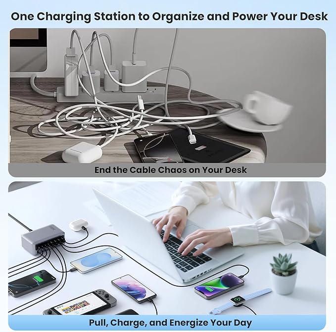 345W USB C Charger 10 in 1 Retractable Wall Charger with 2 Cables,GaN 6 USB C Charging Station Phone Charging PD Laptop Charger Adapter for MacBook Pro/Air,DELL,iPhone17/16/15,Galaxy S24,Android etc