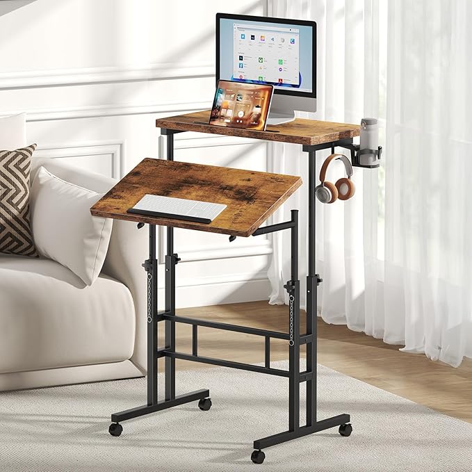 DUMOS Split Top Rolling Standing Desk, 23.6" Mobile Laptop Desk, Manual Height Adjustable Workstation on Wheels, Sit Stand Office Table, Walking Pad Study Desk, Rustic Brown