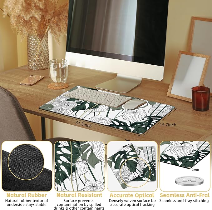 Tropical Leaf Extended Large Gaming Mouse Pad Split Leaf Philodendron Plant XXL Mousepad Desk Pad Mat for Keyboard and Mouse, Non Slip Rubber Base Mousepad with Stitched Edges, 31.5 x 15.8 in