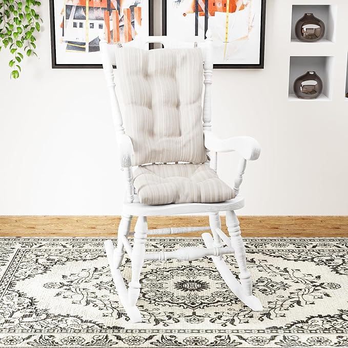 Klear Vu The Gripper Non-Slip Rocking Chair Cushion Thick, Includes Seat Pad & Back Pillow with Ties for Indoor Living Room Rocker, 17x17 Inches, 2 Piece Set, Cream