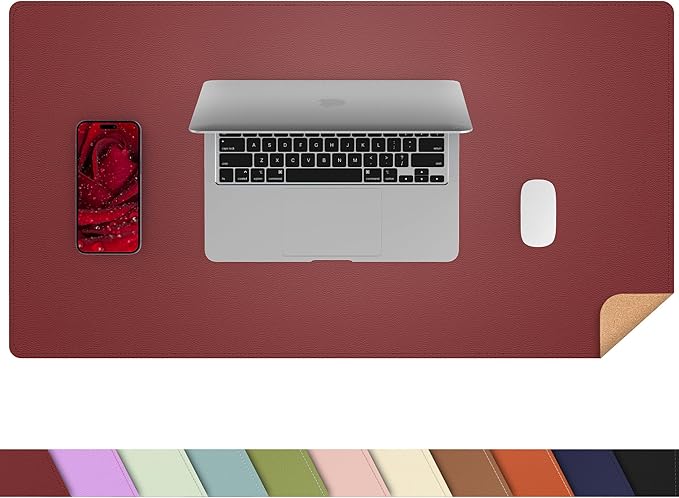 AFIING Cork Desk Mat 23.6 x 13.7, Dual-Sided Cork & PU Leather Desk Pad, Waterproof Non-Slip Desk Protector for Home Office, Study Desk & Minimalist Workspace Coffee Red