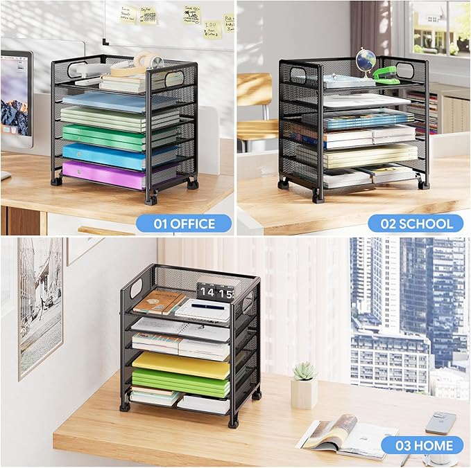 Simple Trending 6-Tier Paper Organizer for Desk– Letter Tray & File Holder with Handle, Metal Mesh Desktop Document Shelf for Office, Black