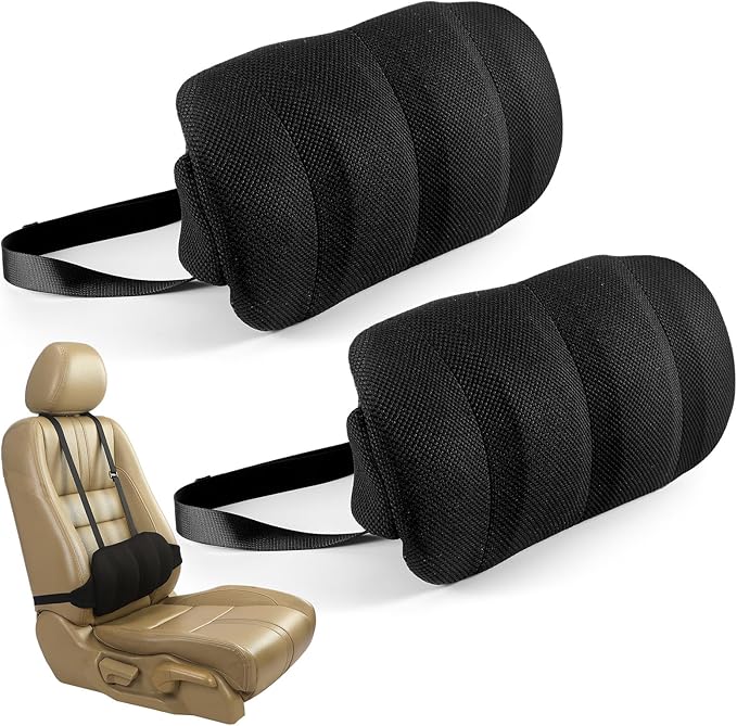AceOrbit 2 Pcs Lumbar Support Pillow for Car Memory Foam for Low Back Pain Relief Adjustable Straps Back Support Pillow for Driving, Office Chair, Wheelchair,SUV, Truck, RV