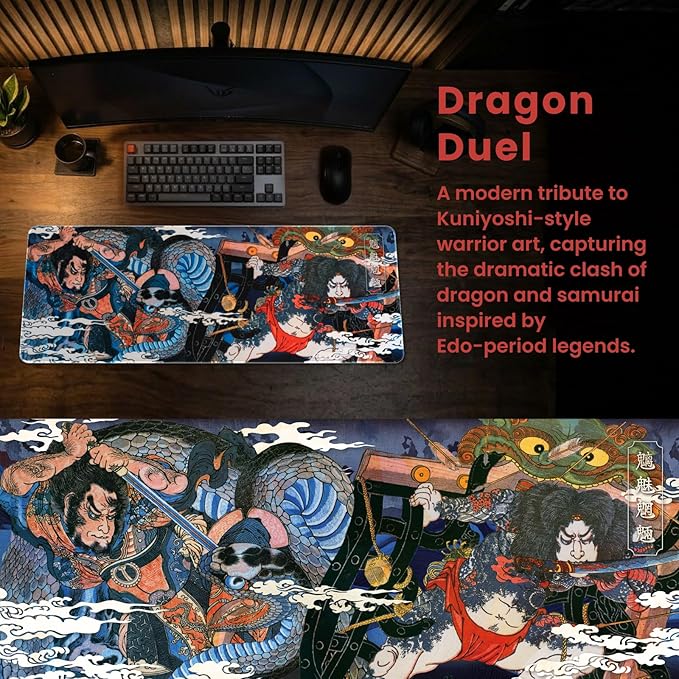 BELLEMOND Japanese Art Desk Mat | Large 31.5x11.8in Anime Mouse Pad for Keyboard & Mouse | Non-Slip Base, Water-Repellent | Original Japanese Design | Dragon Duel