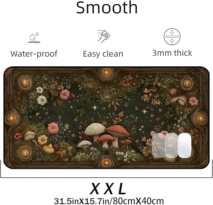 Mushroom Mouse Pad, Retro Forest Plant Flower Desk Mat,Large Gaming Mouse Mat with Stitched Edges,Non-Slip Waterproof Rubber Base Mouspad for Office Computer Keyboard Laptop Home,31.5"X15.7"