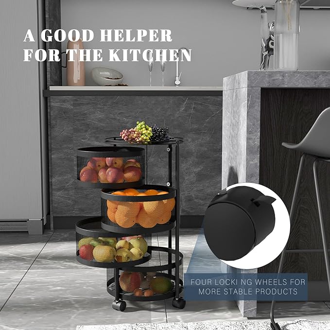 Rotating Storage Rack for Kitchen, 4 Tier Fruit and Vegetable Storage for Kitchen Rotating Storages Rack with Wheels, Cart Space Saver Potatoes Fruit Basket, Black
