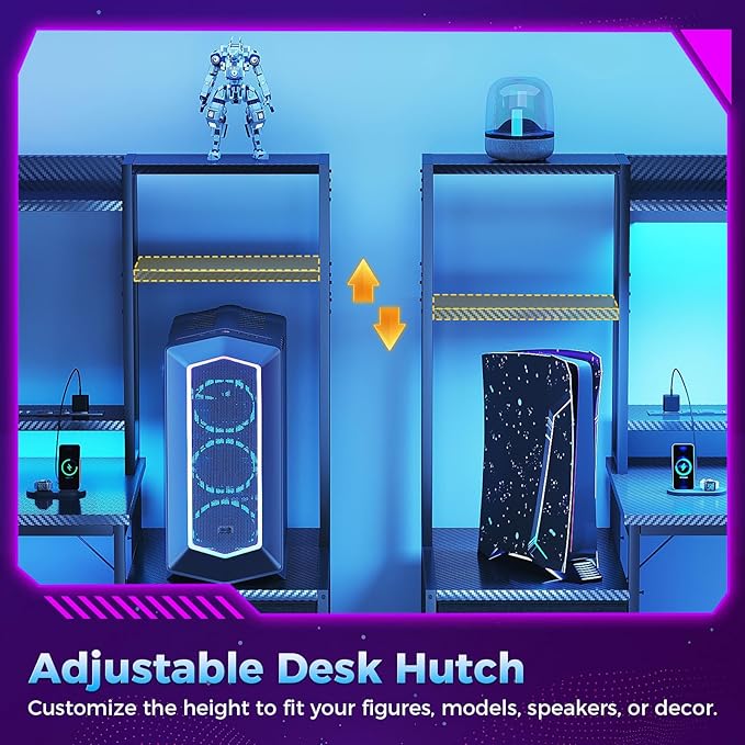 Casaottima 55 Inch Gaming Desk with Hutch & 3 Fabric Drawers, Computer Desk with USB Ports & LED Lights, Reversible Pc Gamer Table with Monitor Stand for Home Office, Carbon Fiber Black