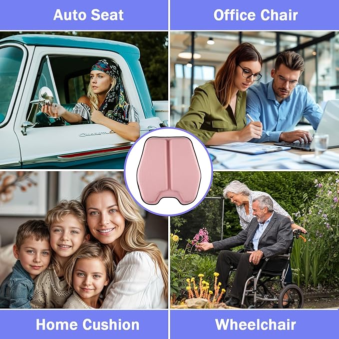 Soft Thin Gel Seat Cushion for Car Seat, Office Chair, Wheelchair, Stadium - Non-Slip Car Seat Cushions with 1 Inch Gel - Sciatica & Tailbone Pain Relief (Pink)