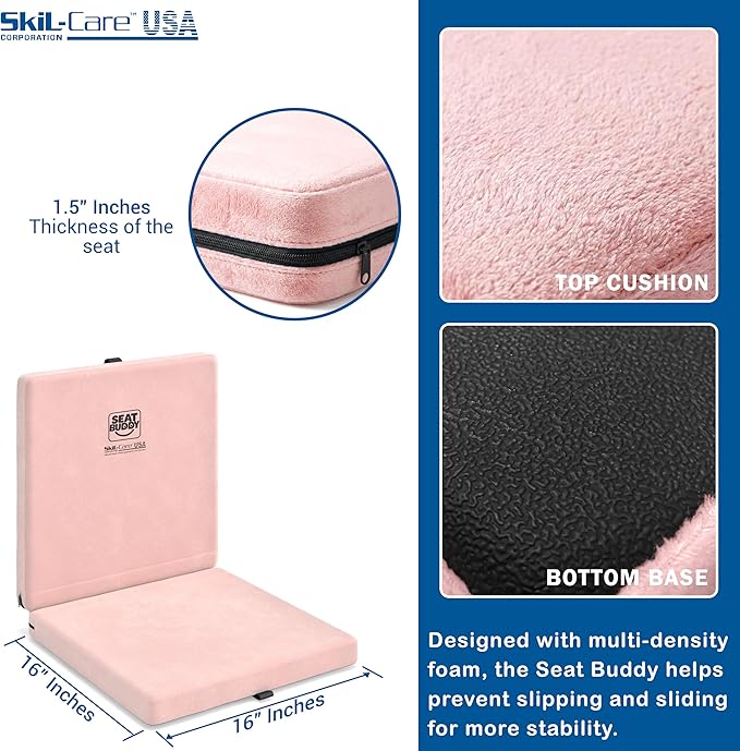Skil-Care Seat Buddy Portable Seat Cushion, Foldable Chair Cushions with Non-Slip Bottom for Office Chair, Recliner Chair, Stadium Seats, Wheelchair, Travel, 16"x16", Pink Cozy Cloth, 914353