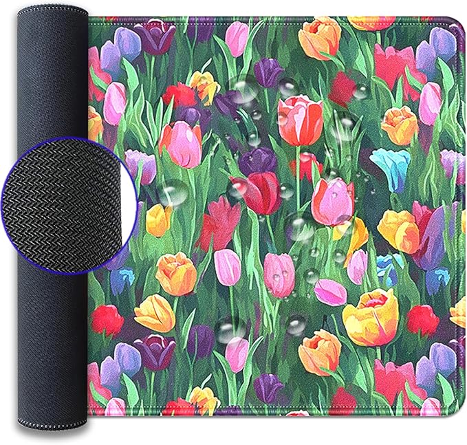 Colorful Tulip Flower Large Mouse Pad Desk Pad, 27.5x11.8in Vibrant Floral Garden Extended Desk Mat with Stitched Edges, Non-Slip Waterproof Rubber Base for Office, Computer & Laptop