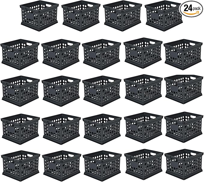 Sterilite Stackable Plastic Storage Crate Bin Organizer File Box with Handles for Home, Office, Dorm, Garage, or Utility Organization, Black, 24-Pack