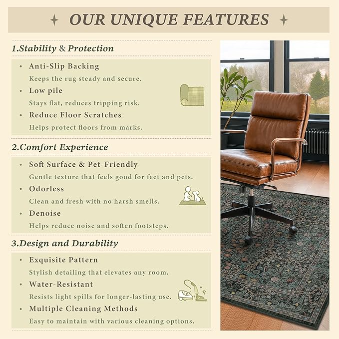 Vintage Floral Dark Green Office Chair Mat for Hardwood & Tile Floor, 3x4 Non-Slip Ultra Soft Low Pile Under Desk Rug, Floor Protector for Heavy Duty Office Chair, Stain Resistant, Easy to Clean