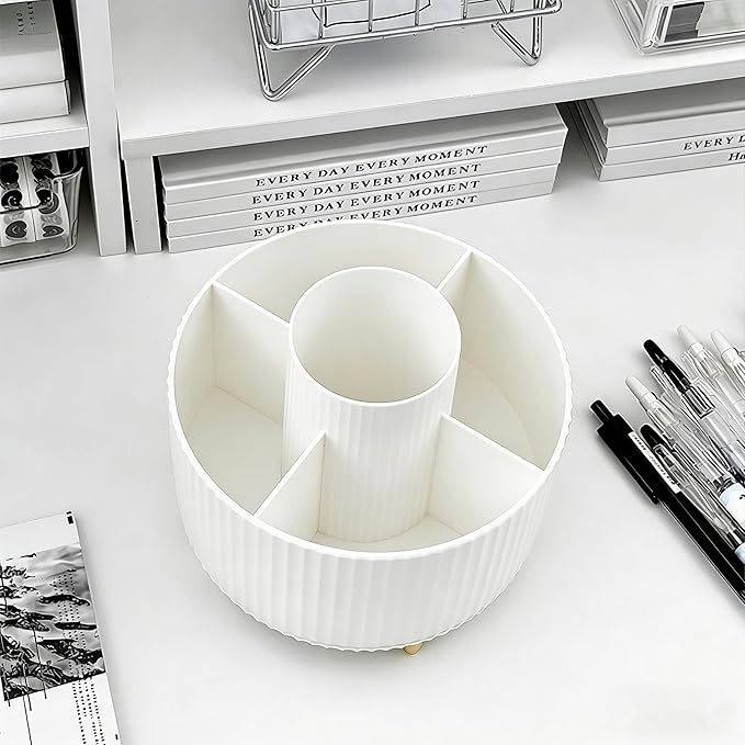 Pencil Pen Holder 5 Slots 360°Degree Rotating Pen Organizers for Desk Desktop Storage Stationery Supplies Cute Pencil Cup Pot Kids Desk Organizer for Office Home School（White 2