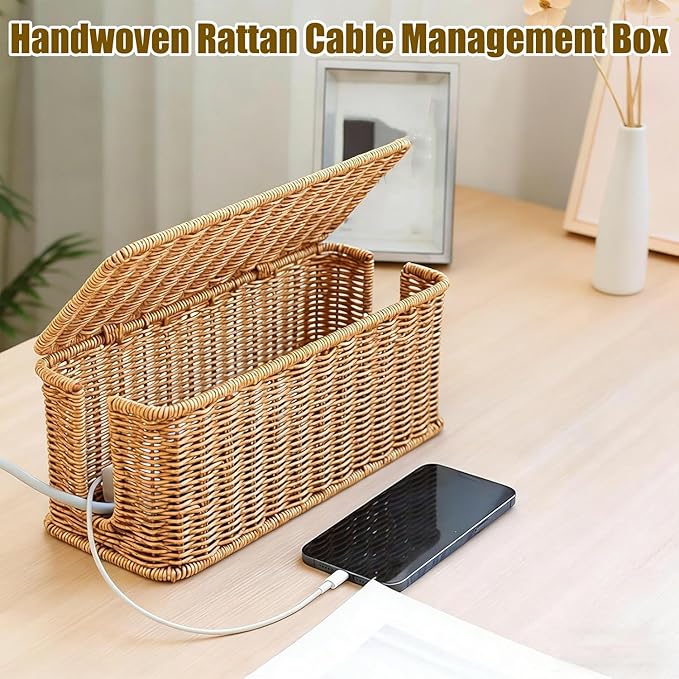 Handwoven Rattan Cable Management Box, Basket to Hide Cords, Container for Tv Wire, Computer, Router, USB Hub (Beige, L：15.7 * 6.2 * 5.9inch)