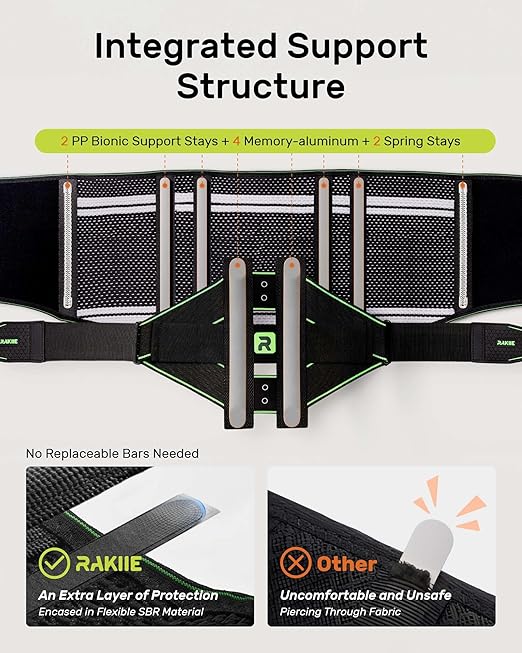 Rakiie Back Brace for Women Men, Integrated Lumbar Support, Breathable Soft Mesh Fabric and 8 Stays All-round Support, Durable Back Support With Lumbar Support Pad for Home & Lifting At Work, Green Size L