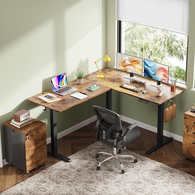 DEVAISE 63 Inch L Shaped Electric Standing Desk, 3 Adjustable Computer Desk for Home Office, Sit to Stand Desk with LED Touchscreen，Headphone Hook, 3 Memory Preset, with Split Top, Rustic Brown
