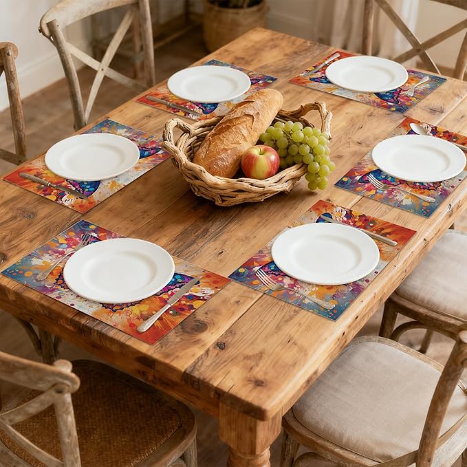 Colorful Butterfly Placemats Set of 6 Linen Table Mats, 12x18 Inch Washable Placemats for Dining Table, Non Slip Heat Resistant Mats for Kitchen Home Decor