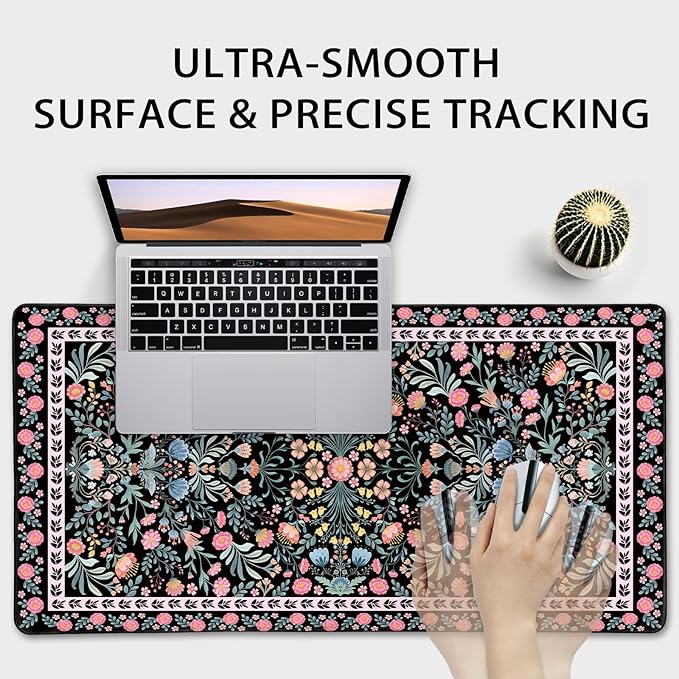 Black Floral Desk Mat, 31.5"x15.7" Large Mouse Pad, Anti-Slip Rubber Base Mousepad, Keyboard Pad with Stitched Edges, Water-Resistant Smooth Desk Blotter, Computer Mat for Home Office Desk