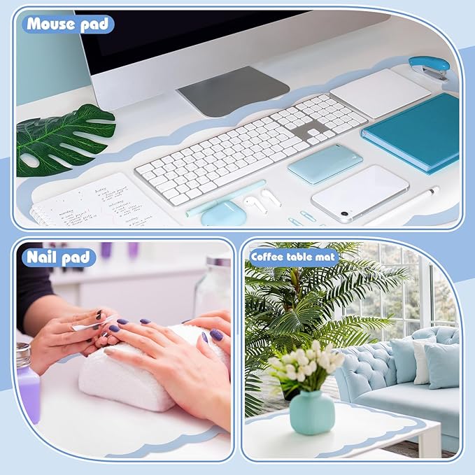 Teenyyou Makeup Mat for Vanity Protect Scalloped Makeup Mat 31.5 x 15.8'' Vanity Cover Top 2026 Graduation Gifts Dual-Sided Dressing Table Pad Waterproof Mouse Pads for Dormitory Desktop(Blue Edge)