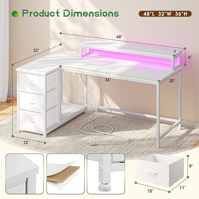 EnHomee 48" Reversible L-Shaped Computer Desk with 40-Mode RGB LED,3AC &1 Type-C Charging Station, 3 Drawers, 35.4''Monitor Riser, White Desk for Gaming, Home Office, Bedroom, Study Room,Vanity, White